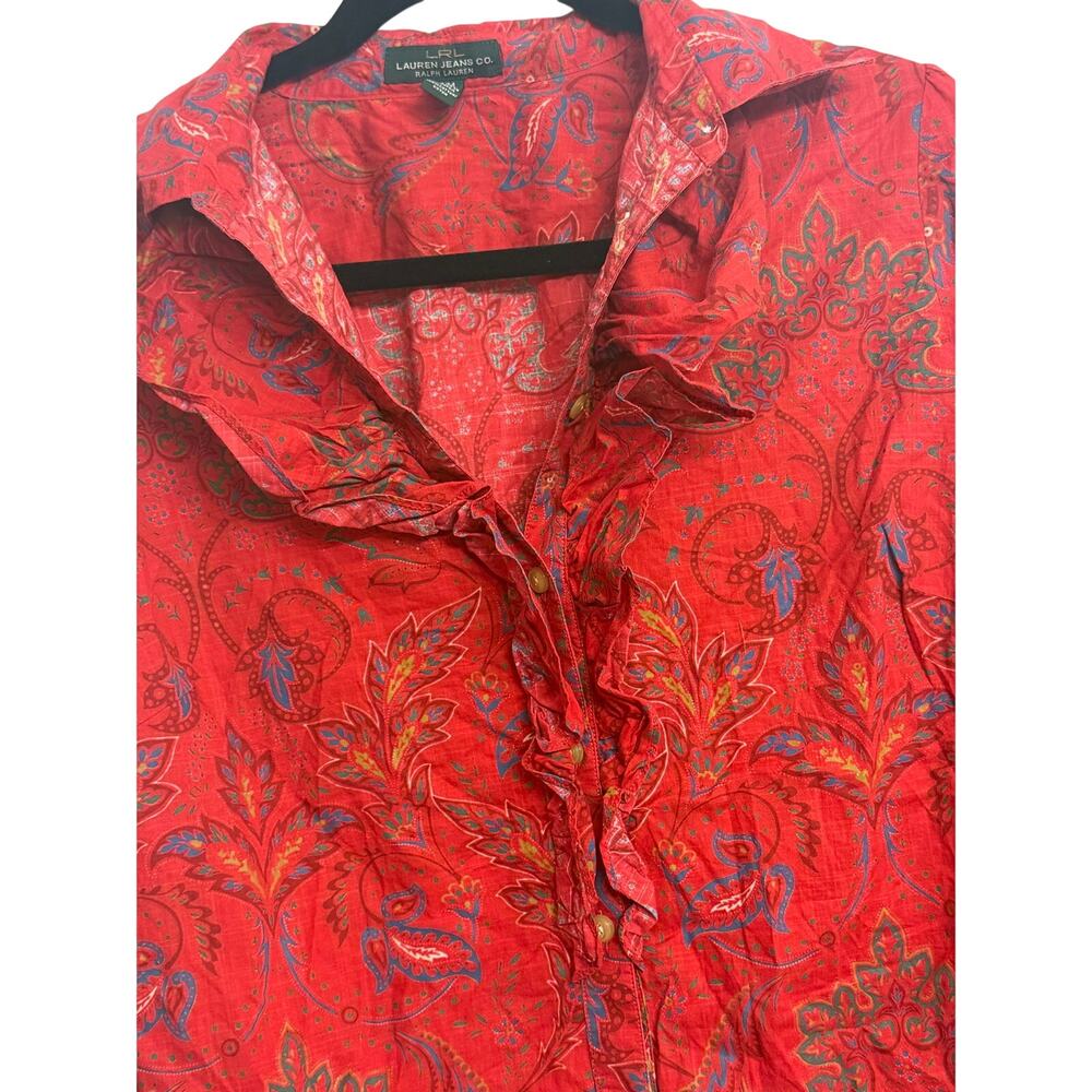 Lauren Jeans Co Ralph Lauren Women’s Red Paisley Ruffle Blouse Boho Western - Picture 5 of 10